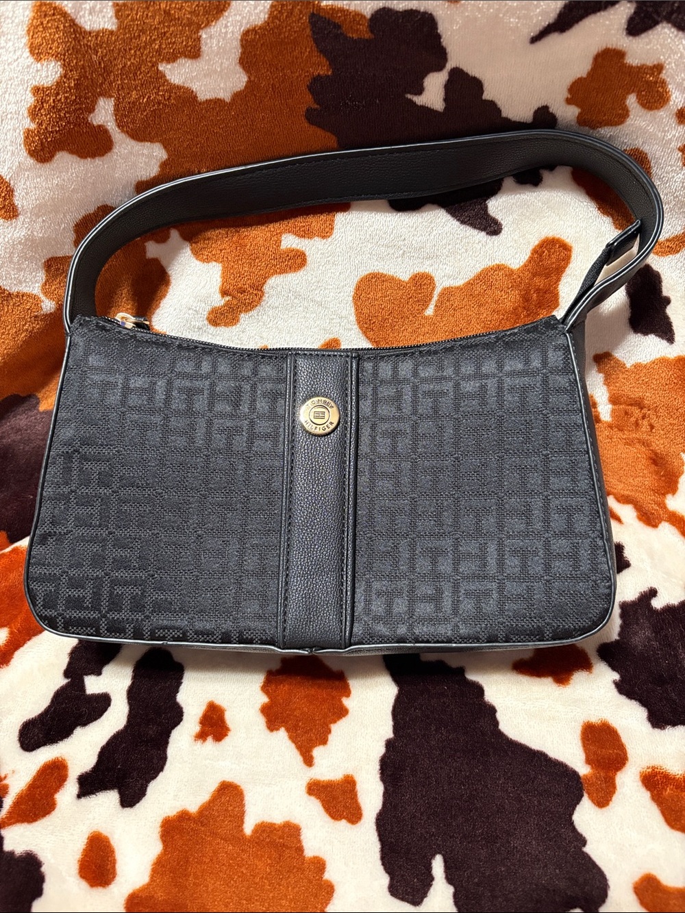 Tommy Hilfiger Black Textured Arm Bag with Gold Medallion